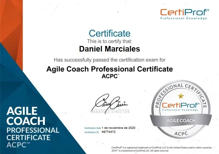 Certificado Agile Coach Professional Certificate (ACPC) — Daniel Marciales