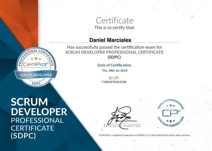Certificado Scrum Developer Professional Certificate (SDPC) — Daniel Marciales