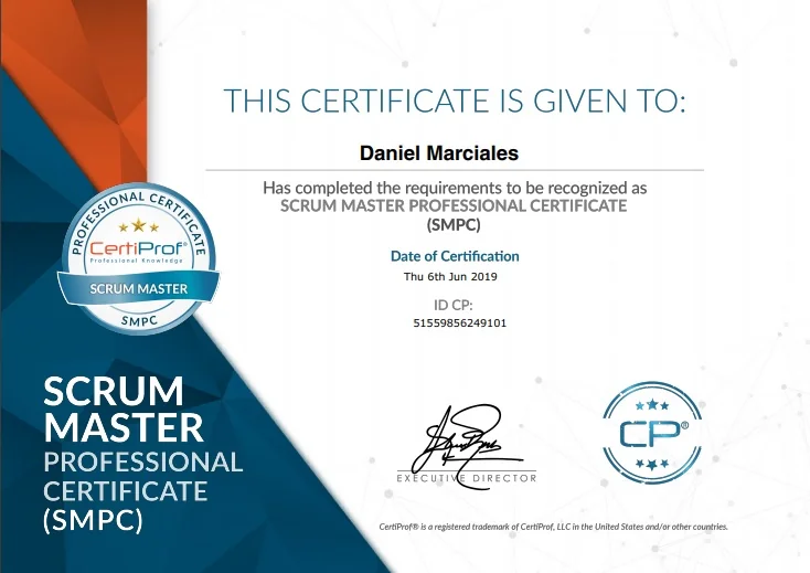 Certificado Scrum Master Professional Certificate (SMPC) — Daniel Marciales