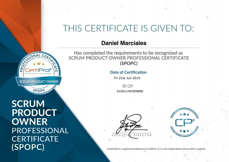 Certificado Scrum Product Owner Professional Certificate (SPOPC) — Daniel Marciales